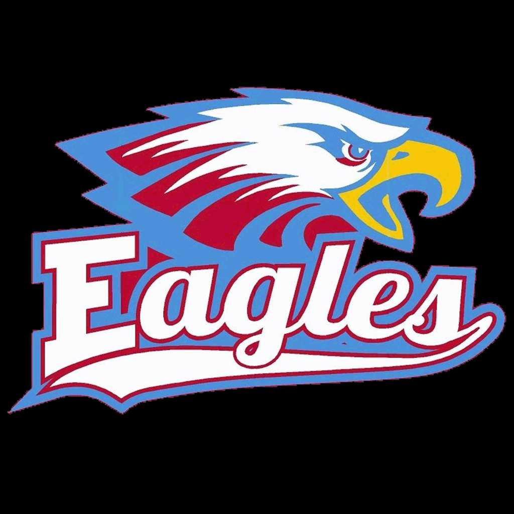 Centennial High School eagle mascot, a stylized illustration of a bald eagle head with blue and red accents above the word "Eagles" in cursive.